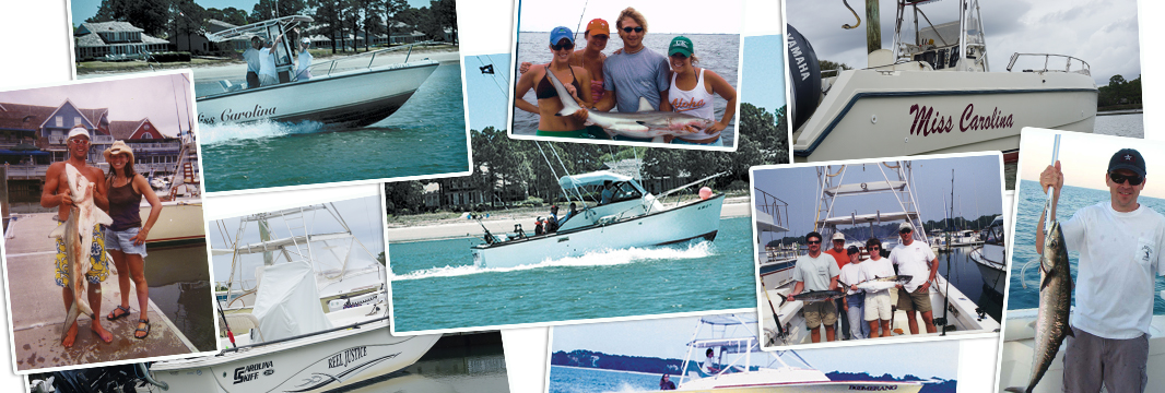 Collage of boats and people fishing or holding fish