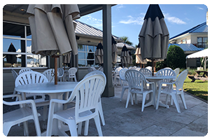 Patio chairs and umbrellas.