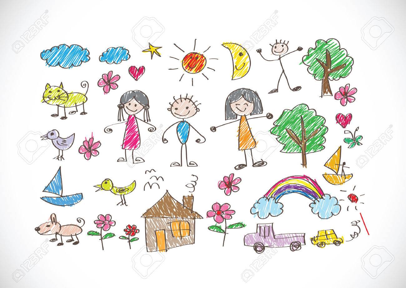 cartoon drawing of people and animals